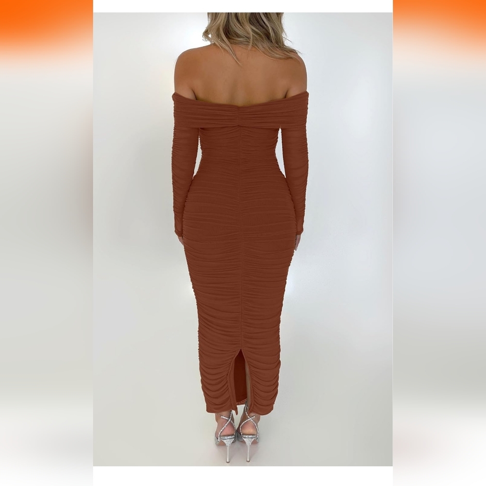 Off-Shoulder Rust/Brown/Burnt Orange Slimming Dress With Mesh Detail - Picture 3 of 9